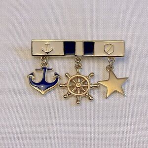 Vintage Nautical Blue Gold White Enamel Jewelry Brooch - Beach Anchor Coastal